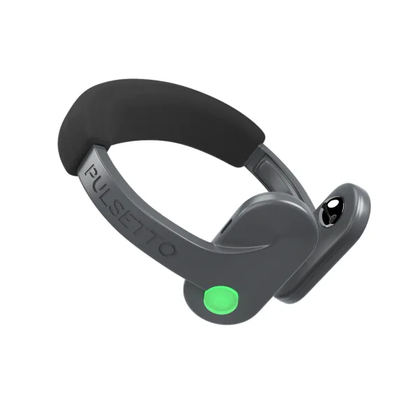 Pulsetto Lite in the seller's own photo: graphite frame, black neck cushion, the PULSETTO wordmark on the arm and a round green button